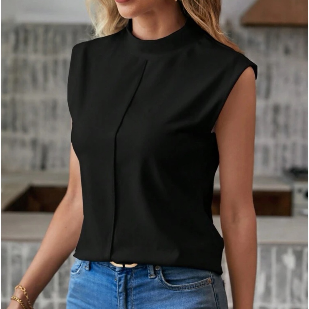 Classic Waffle Mock Cowl Neck Cap Sleeve Work Office Casual Top Blouse Shirt - Picture 9 of 16